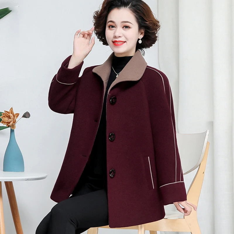 华太太女装冬装大码胖妈妈外套上衣中长款保暖毛呢老年人外套1096