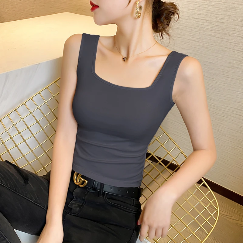 烟灰色方领小吊带背心女内搭美背2024爆款网红设计感打底衫上衣春