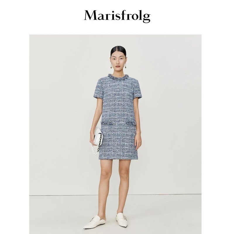 【小香风】玛丝菲尔春季新款蓝色圆领短袖直身连衣裙法式气质针织