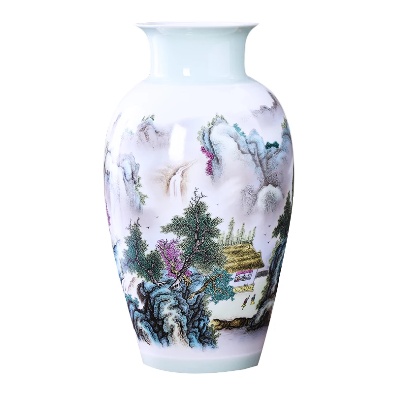 鸿轩景德镇陶瓷器花瓶摆件客厅插花粉彩瓷瓶中式家居朱武青山绿水