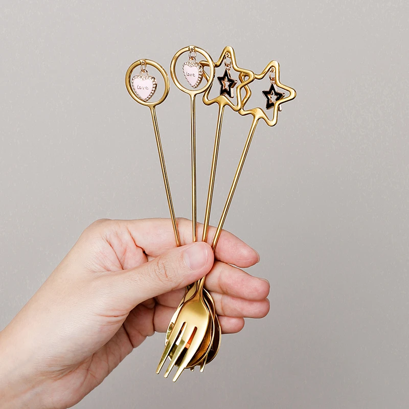 不锈钢水果叉套装欧式创意可爱咖啡勺子月饼点心甜品叉家用水果签