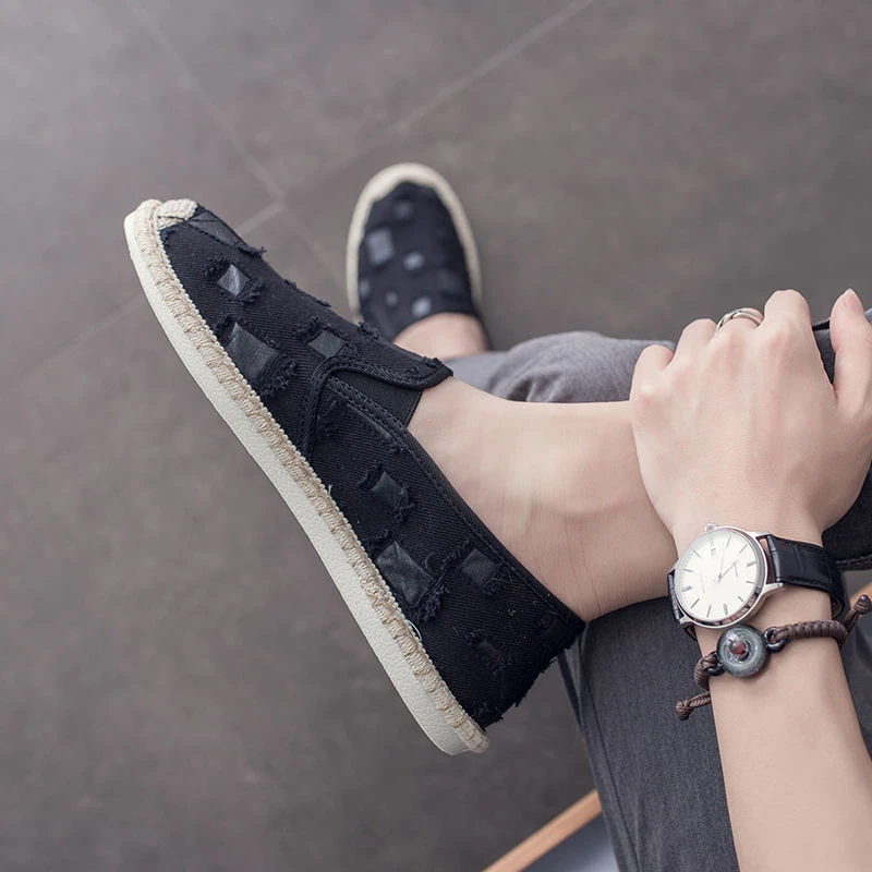 中国风男鞋懒人破洞休闲布鞋一脚蹬驾车鞋2025春夏潮男帆布渔夫鞋