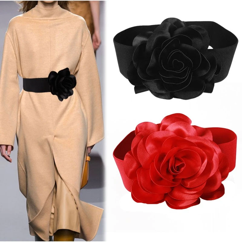 百搭黑色大花朵装饰宽腰带红色松紧腰封收腰春夏连衣裙子配饰裙带