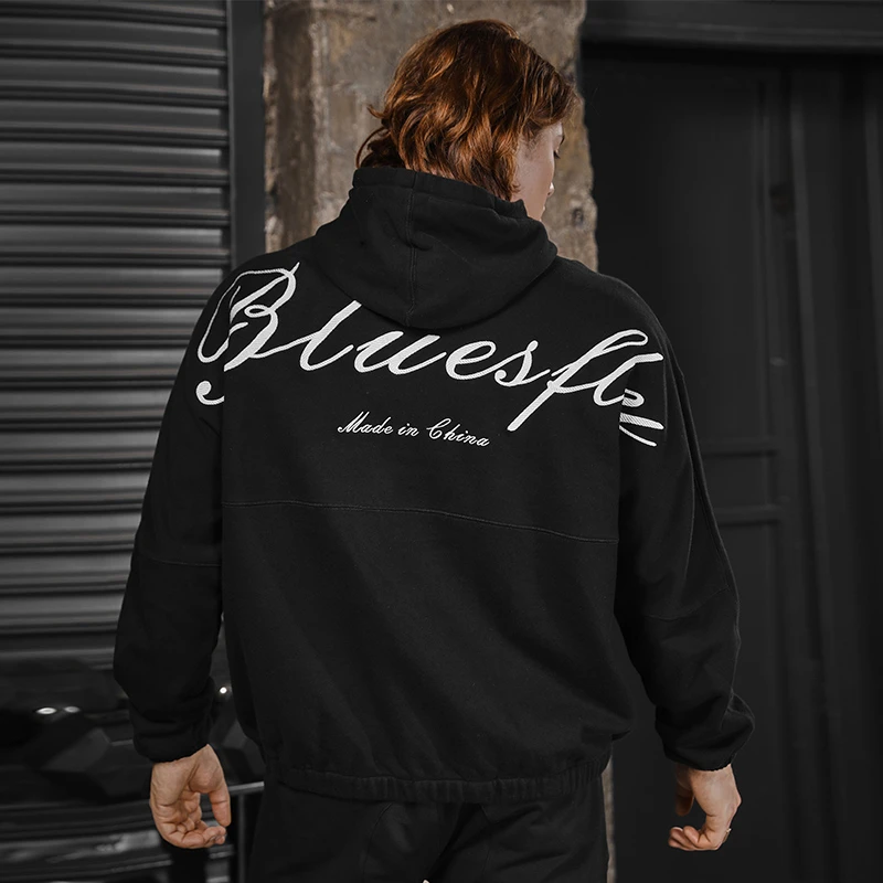 BLUESFLY秋冬连帽卫衣男休闲宽松加绒黑色运动套头衫健身训练上衣