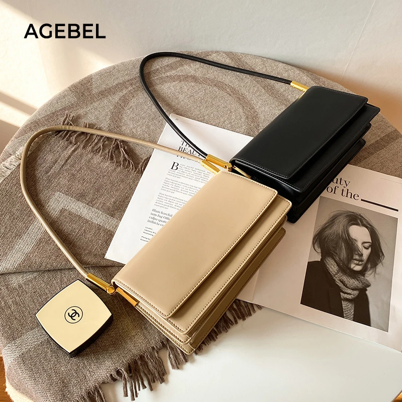 艾吉贝百搭奶茶色牛皮单肩女包时尚法棍包通勤手提小包纯色小方包