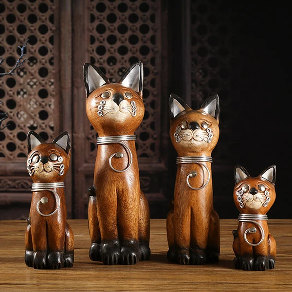 泰国实木招财猫摆件木质工艺品创意客厅装饰品东南亚小猫桌面摆设