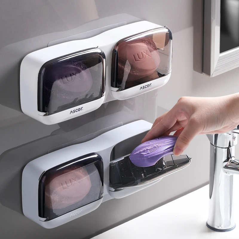 香皂置物架家用免打孔带盖肥皂盒卫生间浴室壁挂式双层沥水肥皂架