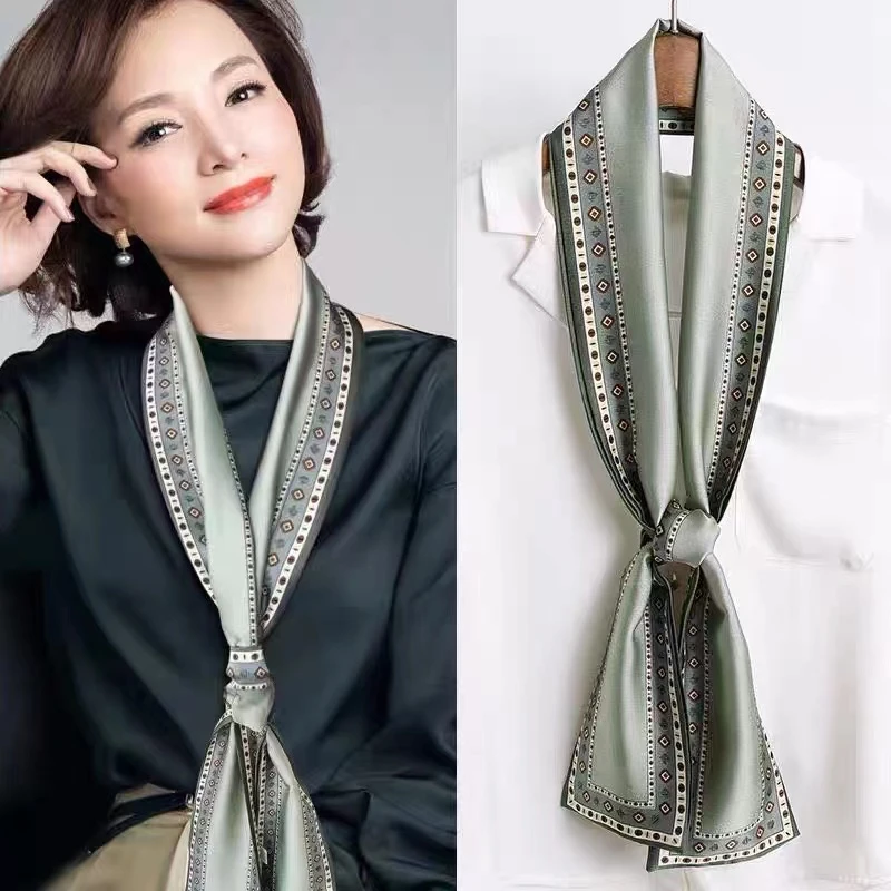 春秋薄款百搭护颈明星同款时尚长条小丝巾女长款细窄多功能领巾
