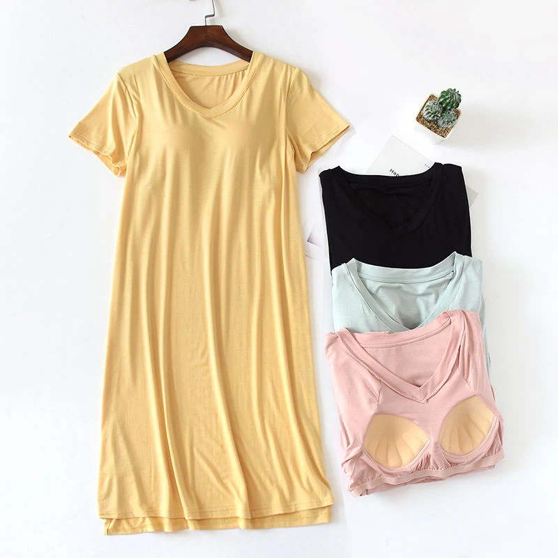 莫代尔睡裙女短袖文胸罩杯一体带胸垫式宽松睡衣家居服休闲可外穿