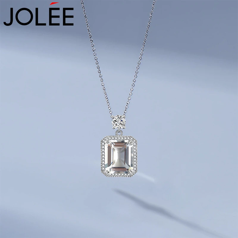 Jolee项链女S925银天然白水晶吊坠项坠饰品锁骨链 送女士节日礼物