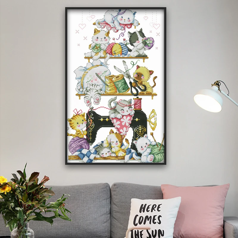 礼儿十字绣：缝纫机旁的小猫现代儿童卧室线绣【25线色】勾边简约