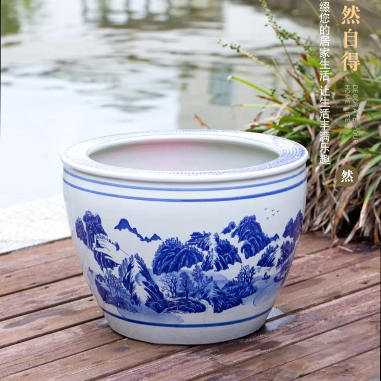 新青花山水陶瓷缸养睡莲荷花盆水缸庭院门海景德镇