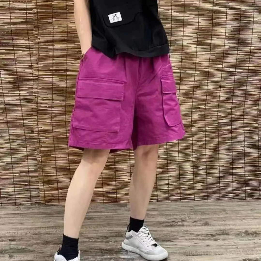 夏季大口袋休闲百搭中性风短裤高腰薄款宽松纯色时尚外穿阔腿潮流