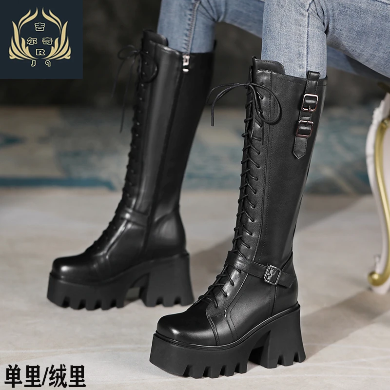 真皮内增高女鞋10cm黑色厚底马丁靴小个子长靴超高跟高筒靴女加绒