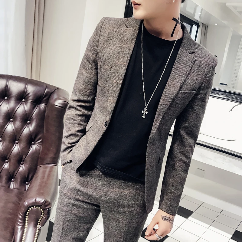 时尚春季格子小西装男青年帅气休闲西服韩版修身套装男装外套潮流