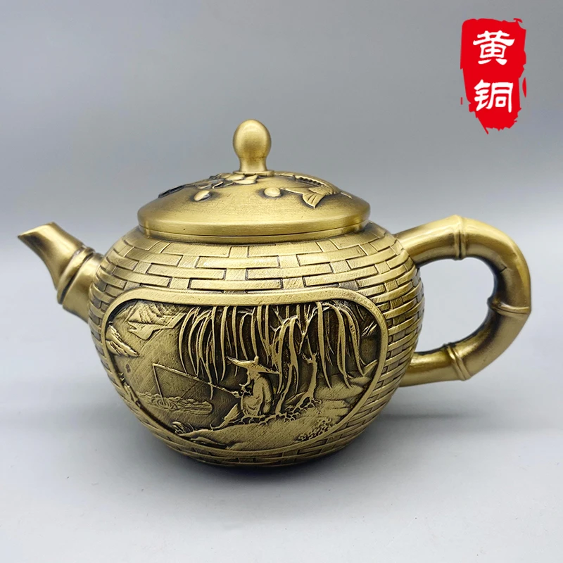 寓蓝米黄铜姜太公钓鱼壶摆件家居仿古工艺品茶壶摆件复古