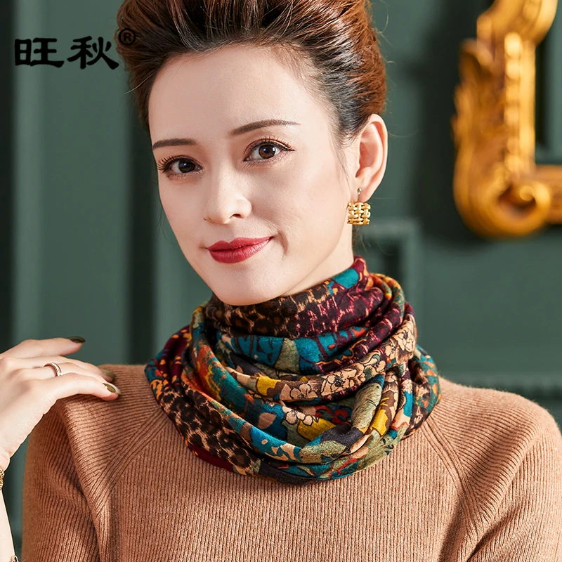 冬季加厚双层全羊毛围脖女套头围巾护颈椎保暖脖套女印花双圈围巾