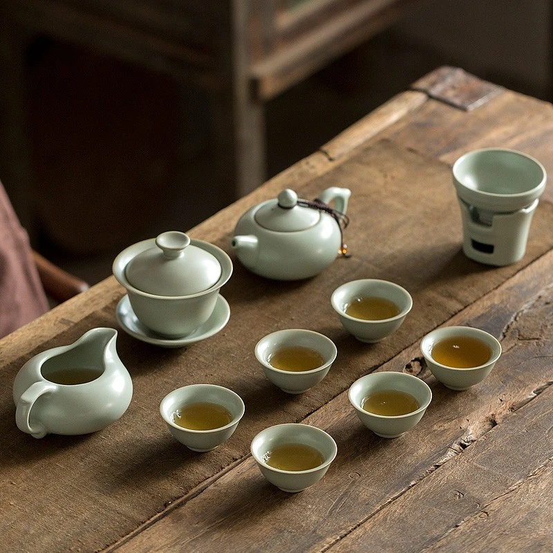 功夫茶具套装礼品家用会客陶瓷茶具开片可养汝窑茶壶盖碗套装