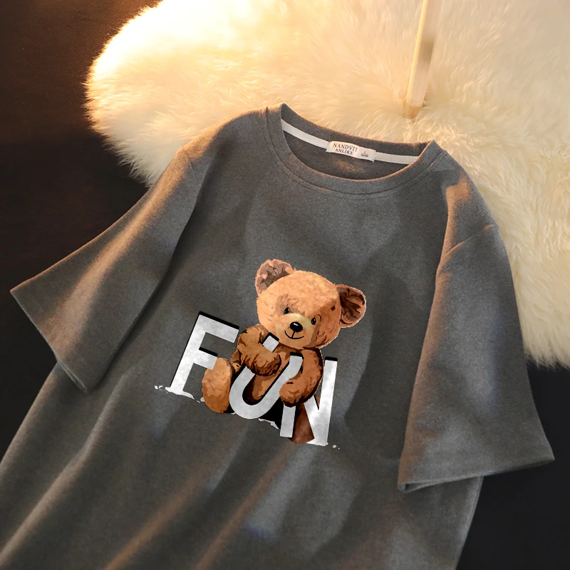 欧洲站早春磨毛t恤女短袖2024秋款加厚宽松小熊学生半袖上衣潮牌