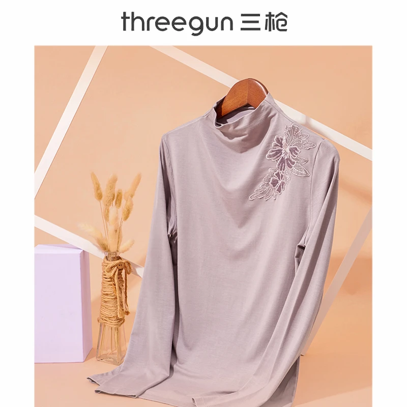 三枪-木代尔花式连领时尚花边长袖女打底衫休闲套头上衣绣花保暖