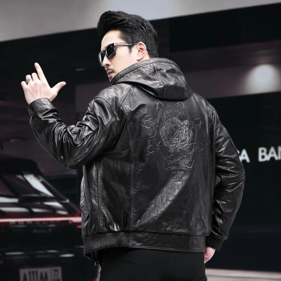 2207 大福 新款男士真皮皮衣油蜡头层小牛皮连帽皮夹克潮流休闲