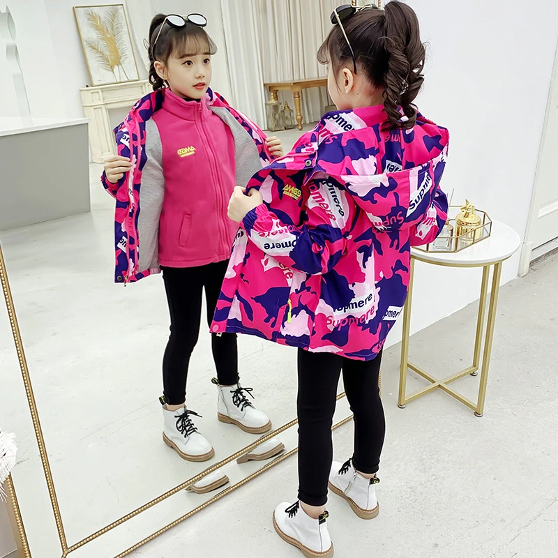 女童冲锋衣三合一可拆卸儿童加绒加厚外套2024新款中大童春秋冬装