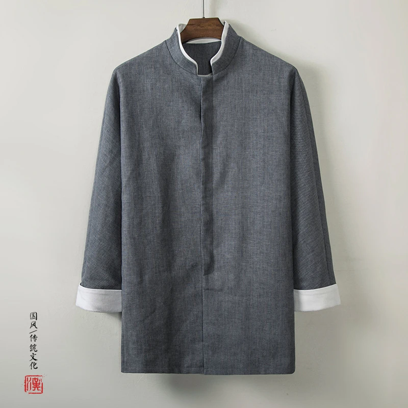 秋季中式棉麻中长款外套男复古宽松立领风衣中国风亚麻茶艺禅服