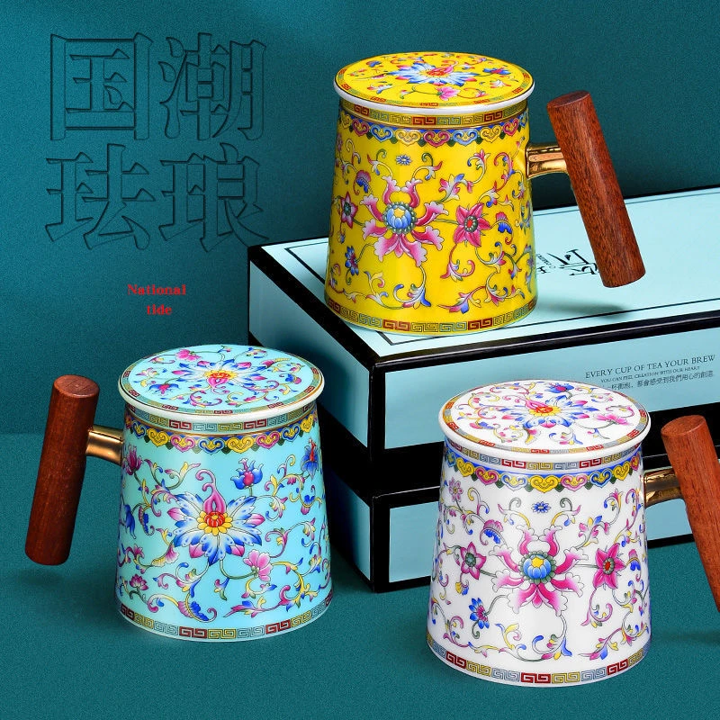 珐琅彩陶瓷办公马克杯茶水分离过滤带盖个人专用大容量泡茶茶水杯