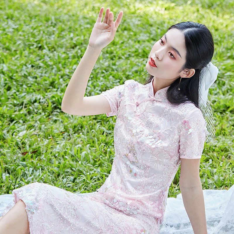 反季清 夏季新款粉色短款长款连衣裙重工刺绣旗袍220027
