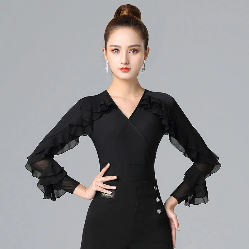 【女长袖V领绕手臂】丹宝罗跳舞上衣新款黑色摩登舞练舞服国标舞