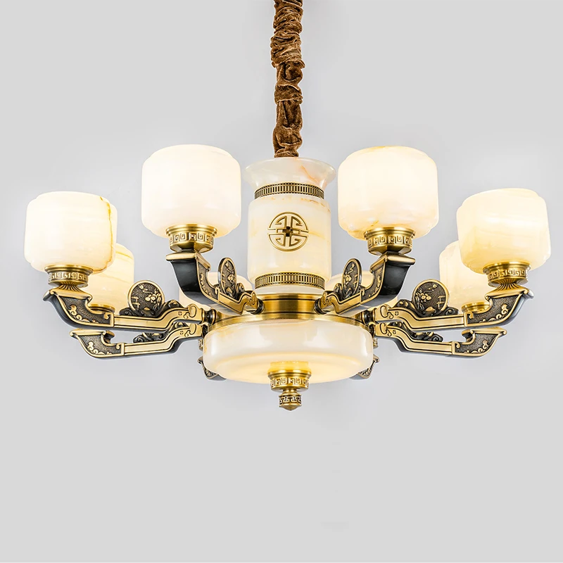 四季常青 新中式别墅客厅铜玉石灯具中国风餐厅复式楼大厅吊灯