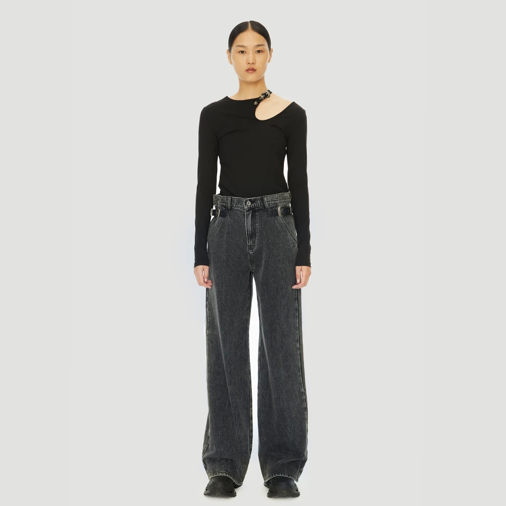 UOOYAA/乌丫复古水洗金属装饰阔腿高腰牛仔裤UY21414N200077