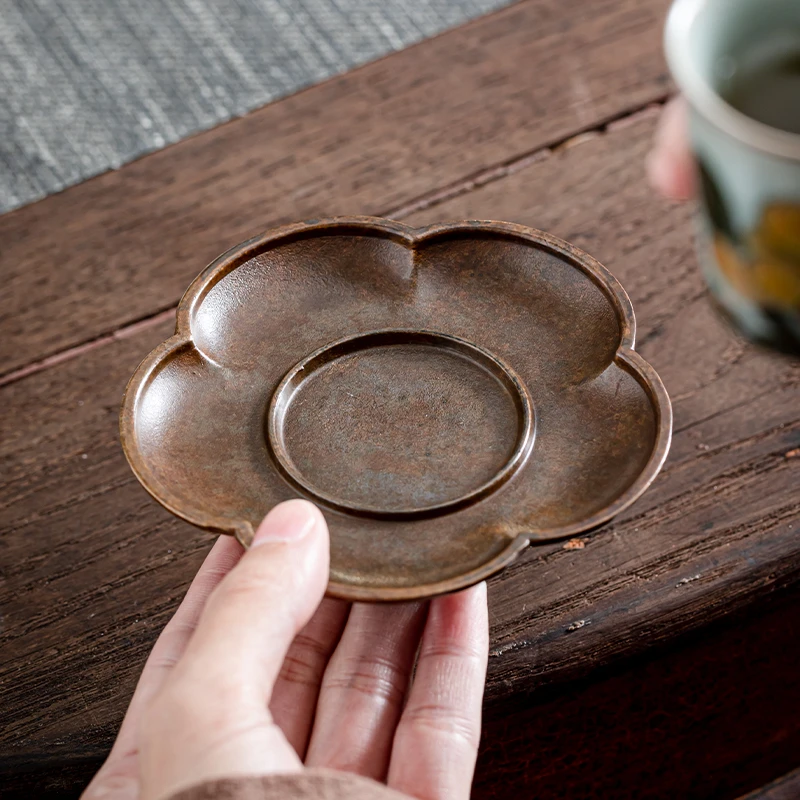 百垚手工铜制小壶承中式杯垫复古隔热垫家用创意茶托功夫茶具配件