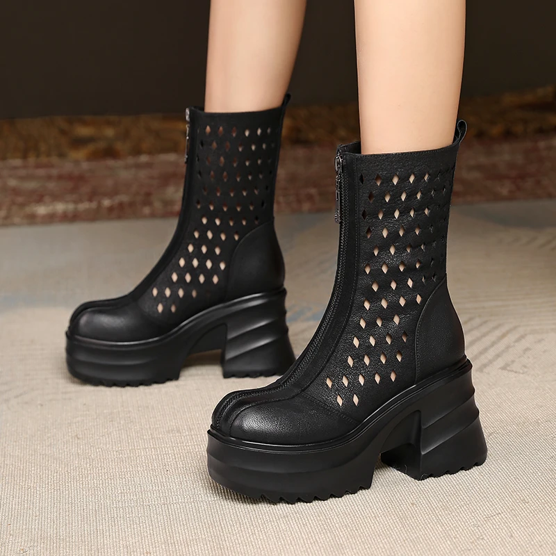 往往笑春季新款春夏时尚凉靴增高10cm粗跟真皮前拉链百搭复古女靴