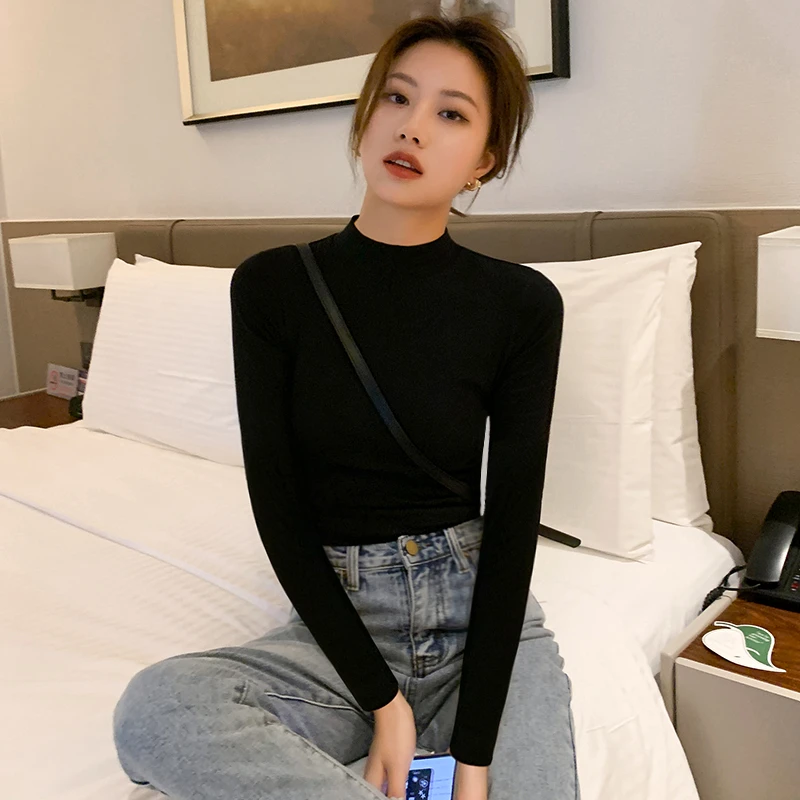 半高领长袖打底衫女秋冬修身内搭洋气纯棉黑色百搭紧身德绒上衣潮