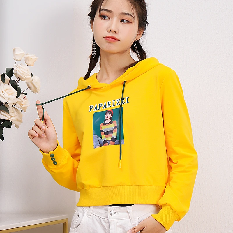 以线缘春秋新款女士卫衣常规宽松套头黄色百搭上衣时尚纯棉印花长
