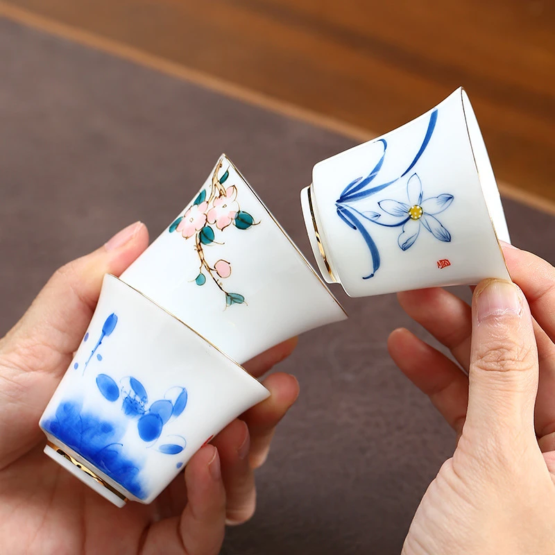 纯手工青花瓷描金品茗杯功夫茶具茶杯大号手绘陶瓷个人单杯主人杯