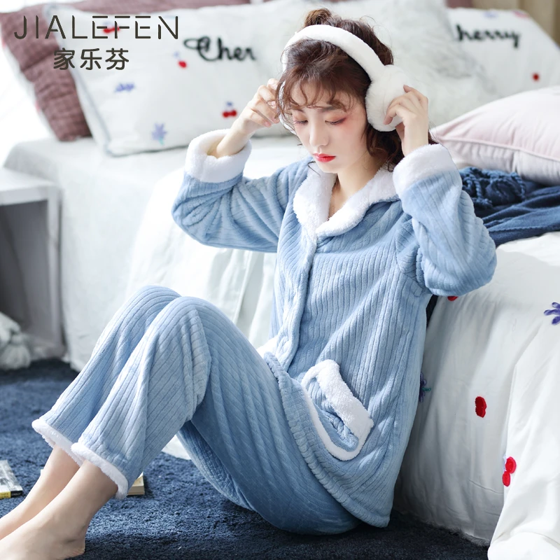 家乐芬【珊瑚绒】冬季加厚法兰绒保暖加绒女士家居服韩版休闲套装