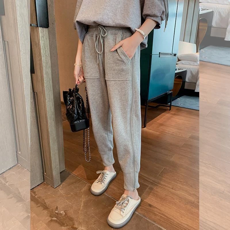 欧洲站女装侧面拉链运动裤女春秋韩版显瘦百搭加绒束脚休闲小脚裤