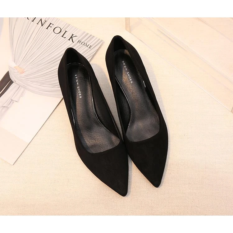 绒面高跟鞋女细跟23秋款黑色面试工作鞋低跟矮跟职业尖头单鞋