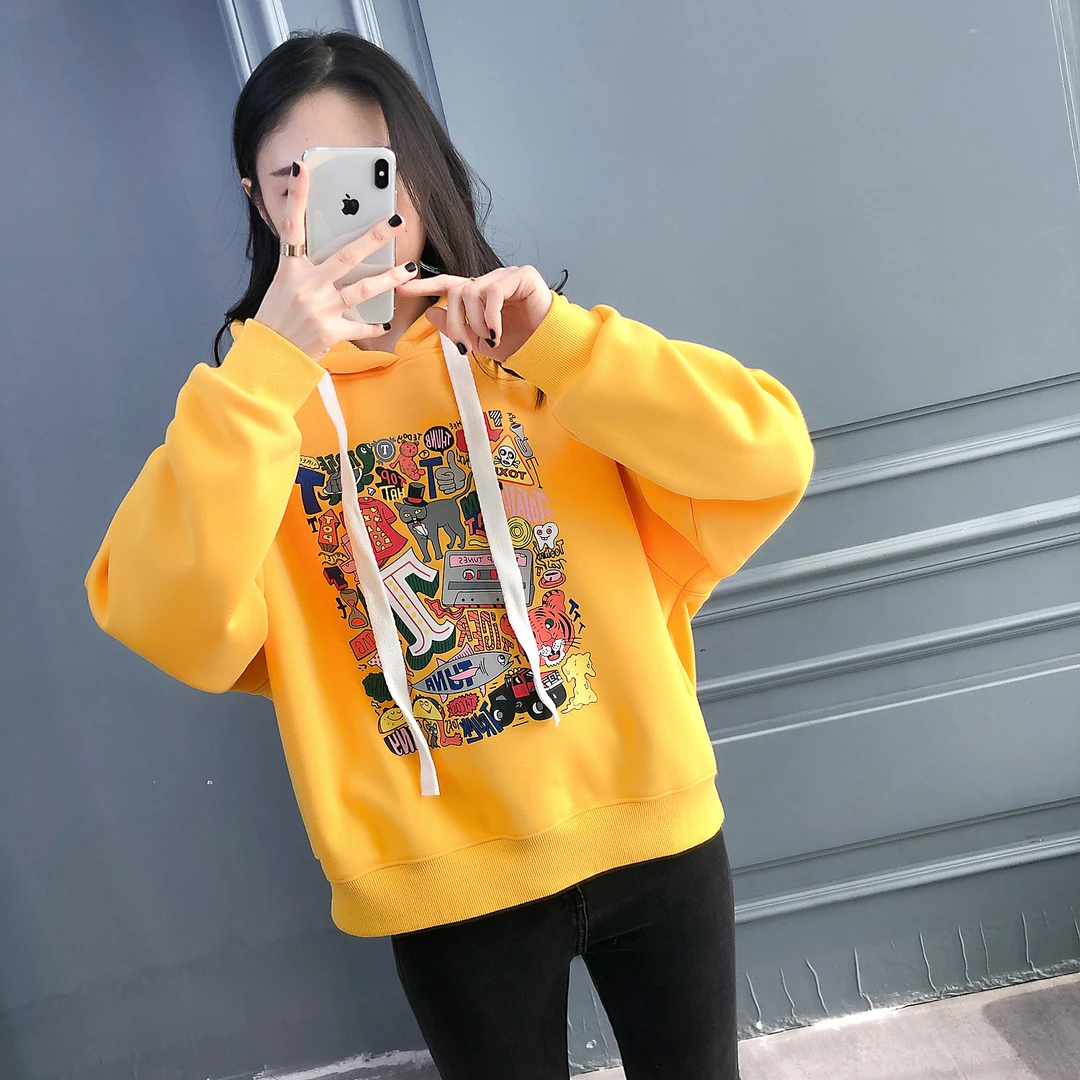 加绒韩版蝙蝠袖休闲棉外套连帽卡通动漫套头港风慵懒风女长袖卫衣