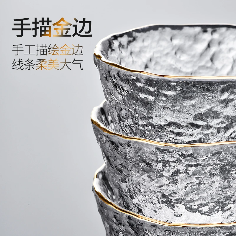 唐丰家用锤纹日式耐热透明描金轻奢金边三才盖碗茶加厚大号高端S