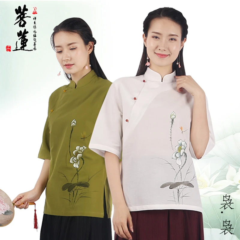 【断码福利】中国风唐装女夏季禅服茶人服薄款棉麻透气短袖T恤