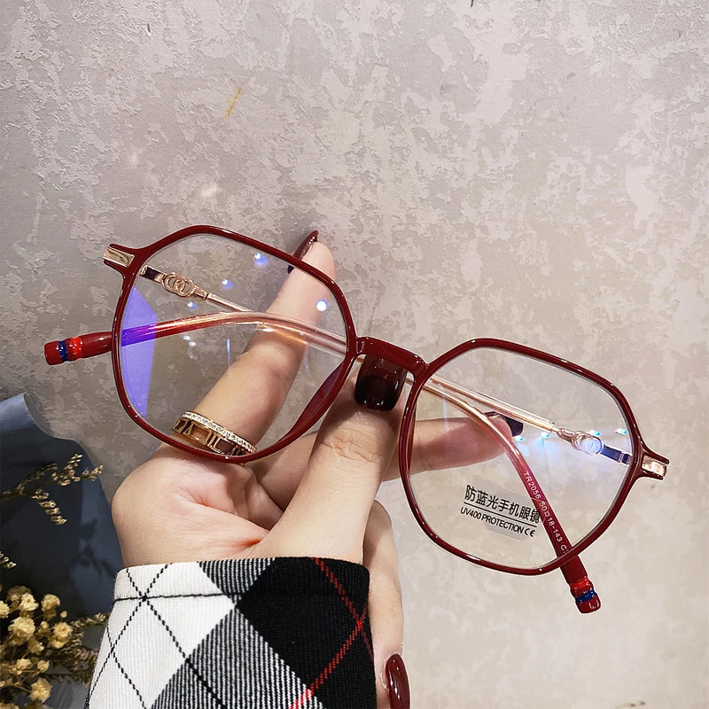 1021文艺红色眼镜防蓝光老花镜素颜多边形眼镜框女可配镜片平光镜