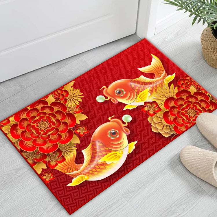 新中式【喜庆双鱼】家用可水洗水晶绒入户门口裁剪地垫卧室