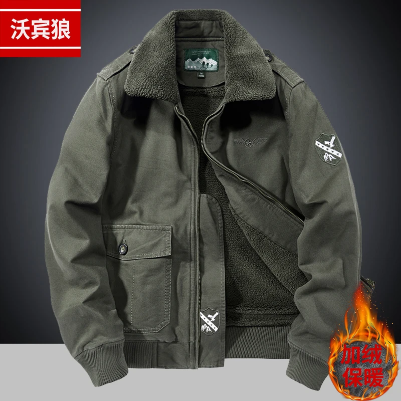 飞行员夹克男秋冬加绒加厚纯棉大码毛领工装棉服休闲保暖外套棉衣