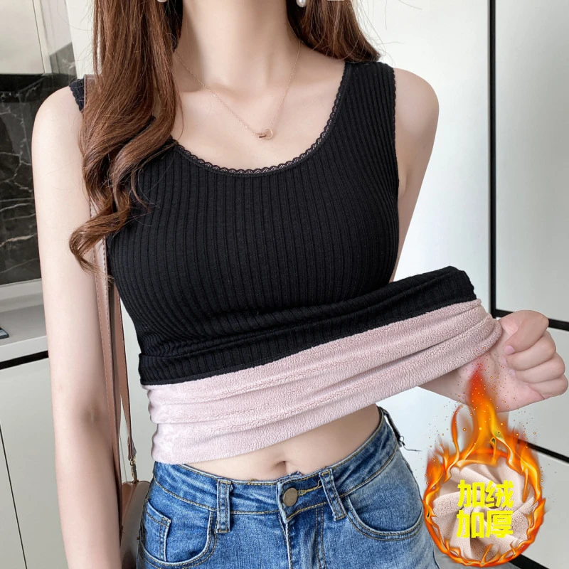 保暖背心女加绒加厚秋冬季螺纹棉蕾丝花边大码无袖内搭上衣打底衫