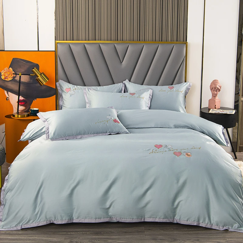 长绒棉绣花套件  甜蜜恋人-水绿