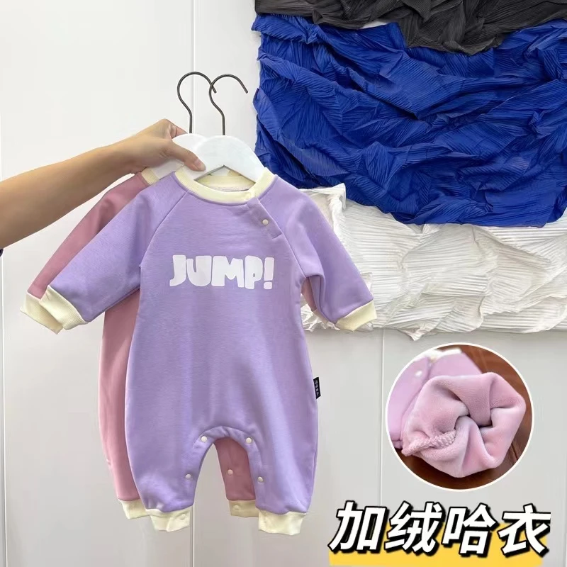 ins韩加绒连体衣婴儿哈衣男女宝宝爬服套头外出服冬季家居服保暖
