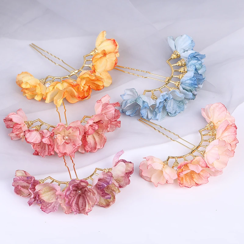 汉服绢花发饰花朵珍珠排簪冬季古风发排钗子复古发排簪子明制配饰